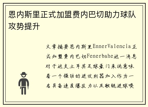 恩内斯里正式加盟费内巴切助力球队攻势提升